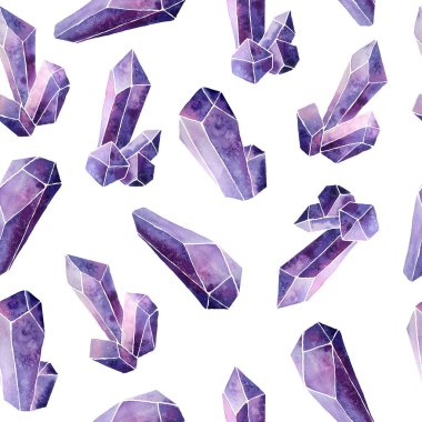 Suluboya el, eflatun mor lavanta renkli değerli taş kistlerden oluşan pürüzsüz desenli çizimler çizdi. Yüzleri olan yarı değerli mineraller. Doğaüstü semboller için mistik büyücülük kavramı. Ametist