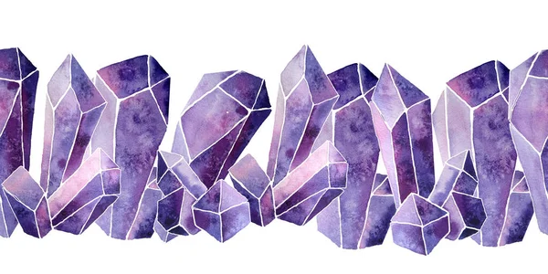 Akvarell kézzel rajzolt zökkenőmentes vízszintes határ illusztráció készlet lila levendula drágakő cystals percious félfolyékony ásványi anyagok arcok. Mystic boszorkányság koncepció okkult szimbólumok — Stock Fotó