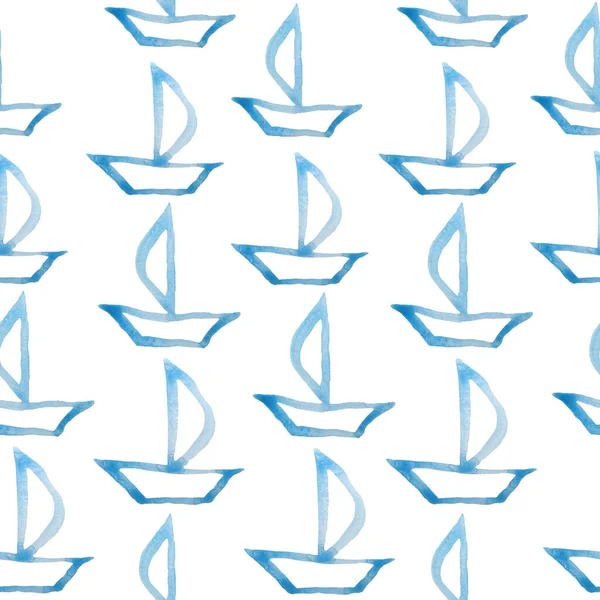 Naadloze aquarel patroon met elektrisch blauw marine turquoise schip boot elementen. simiple minimalistisch ontwerp met zee rivier oceaan vervoer in cartoon stijl. Doodle voor textiel behang, vakantie — Stockfoto