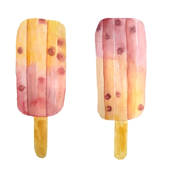 2つのフルーツアイスアイス要素の水彩手描きイラスト。甘いおいしいおいしい健康的な食品。オレンジピンクの赤面デザート。夏のメニュー通りカフェのために。冷凍ジュースアイス. — ストック写真