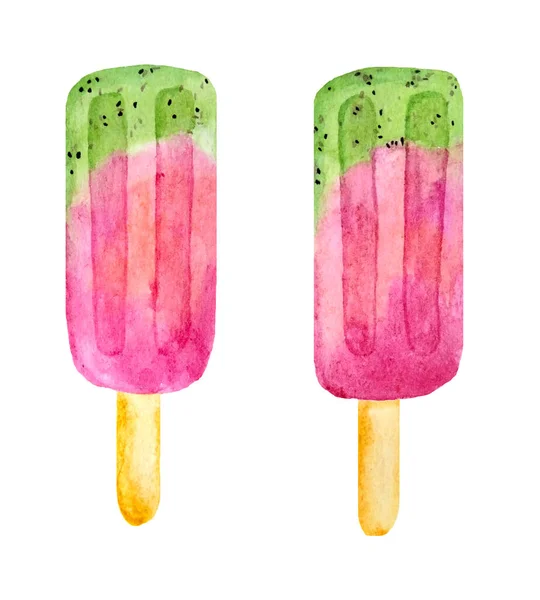 ピンクグリーンの2つの赤いフルーツアイスアイスの水彩手描きイラスト。キウイスイカベリーデザート。甘いおいしいおいしい健康的な食品。夏のメニュー通りカフェのために。冷凍ジュースアイス. — ストック写真