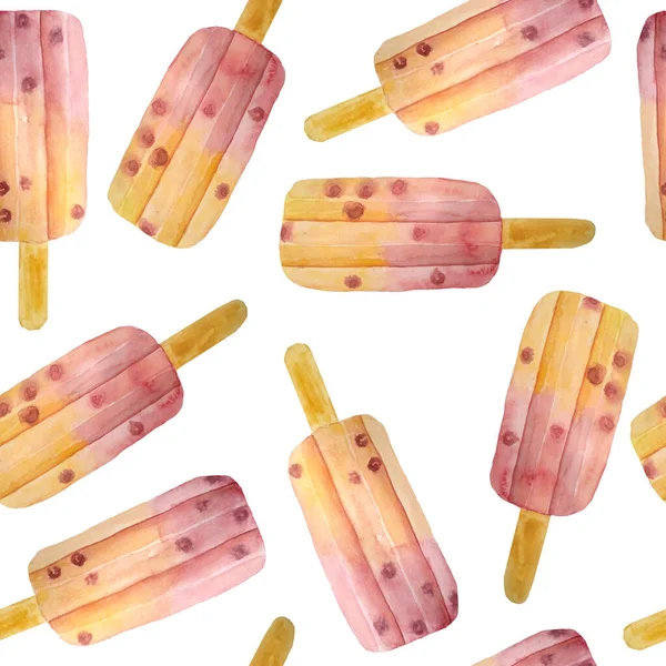 Watercolor hand drawn seamless pattern illustration of fruit popsicles ice cream elements. Sweet tasty delicious healthy food. Orange pink blush dessert. For summer menu street cafe. Frozen juice