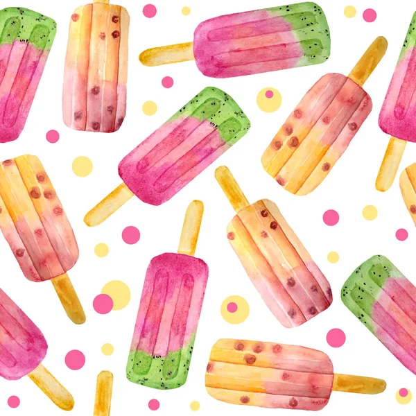 Watercolor hand drawn seamless pattern illustration of fruit peach kiwi berry popsicles ice cream. Sweet tasty delicious healthy food. Orange pink blush pink green dessert. For summer menu street cafe