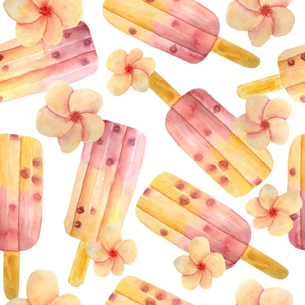 손으로 그린 수채화는 꽃 모양 이 패러 리아 프랑 기파니 (frangipani) 꽃 이 있는 과일 팝콘 아이스크림을 그린 물감없는 무늬였다. 맛있고 건강에 좋은 음식이야. 오렌지 핑크 홍당무 디저트. 여름 메뉴판 거리 — 스톡 사진