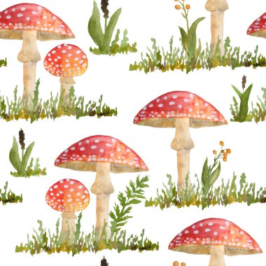 Elle çizilmiş, dikişsiz, zehirli mantarlı kırmızı Amanita muscaria. Yaban mantarı mantarları yaz ormanlarından yeşil çayır böğürtlenleri doğal mevsimi Cadılar Bayramı için mükemmel tutar.