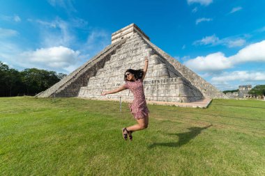 Happy girl Chichen Itza Mayan Ruins Yucatan Mexico clipart