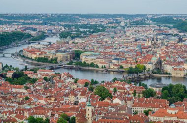 Prag Çek Cumhuriyeti 'nin arka planında Charles köprüsü olan turuncu renkli çatı evleri
