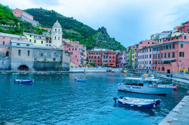 Cinque Terre Italy May 20, 2015: Base of beautiful Vernazza with colorful houses in Cinque Terre Italy