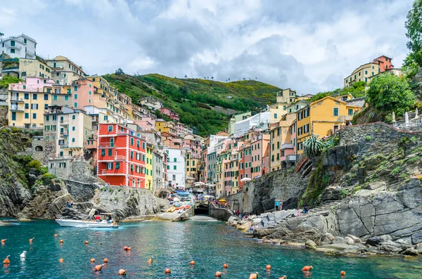 Поїзд Cinque Terre Проходить Під Горбистою Місцевістю Села Cinque Terre — стокове фото
