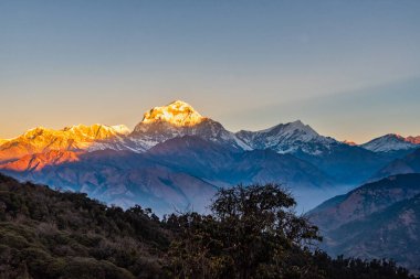 Dhaulagiri 'deki Poon Hill, Ghorepani, Nepal' den günbatımının görkemli manzarası.