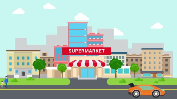 Cartoon supermarket mall building and transport street animation reveal flat style — Stock Video