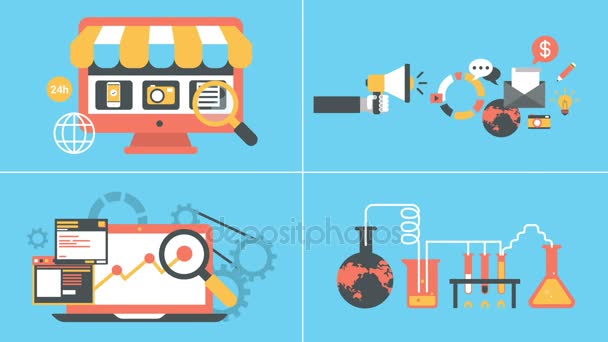 Маркетинг и онлайн покупки анимированные плоские иконки набор — стоковое видео
