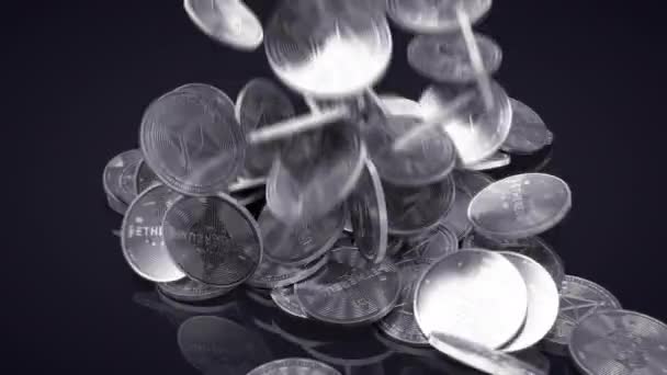 Silver Ethereum Fall Pile Video Background Falling Argent Coins Back — Stock Video