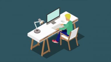 Mimar tasarımcı sanatçı yazar metin yazarı işyeri 4k video 3d izometrik kavramı düz. Masa başında bilgisayarla oturan animasyonlu genç adam ortaya animasyon.