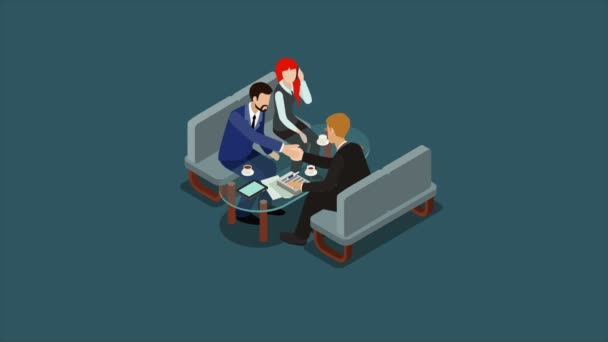Negotiation Animated Concept Reveal Animation Businessmen Discussing Terms Contract Shaking — Stock Video