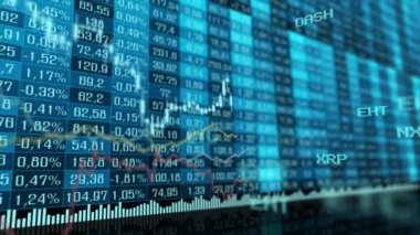 Tablo ve çubuk grafik cryptocurrency Menkul Kıymetler Borsası, 4 k video endeksleri animasyon Pazar. Mavi arka plan Özet para birimi oranı grafik animasyon.