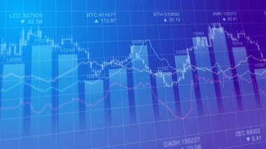 Cryptocurrency Menkul Kıymetler Borsası piyasa endeksleri kavramının çubuk grafik. Para birimi oranı grafiği mor arka plan.