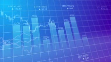 Çubuk grafik cryptocurrency borsa piyasa endeksleri animasyon 4k video. Mor arka plan Özet para birimi oranı grafik animasyon.