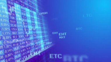Tablo ve çubuk grafik cryptocurrency Menkul Kıymetler Borsası, 4 k video endeksleri animasyon Pazar. Mor arka plan Özet para birimi oranı grafik animasyon.