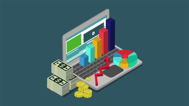 Analyse du bénéfice tiré de la mise en place d'un concept isométrique animé de contenu multimédia. Animation de l'ouverture de l'ordinateur portable avec graphique, diagramme et argent. Analyse des gains sur Internet Vidéo 4k .