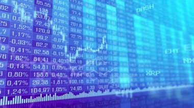 Tablo ve çubuk grafik cryptocurrency Menkul Kıymetler Borsası, 4 k video endeksleri animasyon Pazar. Mor arka plan Özet para birimi oranı grafik animasyon.