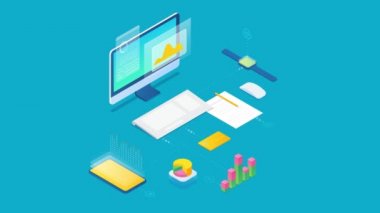 Bilgisayar masaüstü ve Mobil telefon izometrik tasarımı hakkındaki İstatistik Veri Analizi İş Çizelgesi Bilgileri 4K video hazırlayan 3B konsept