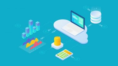 İş Dünyası Veri Depolama Teknolojisi Finansal İstatistiksel Analiz Isometric konsept grafikleri ve Laptop Bilgisayar ve Veritabanı ile bağlantılı para sikkeleri İstatistikleri 4K video analizi.