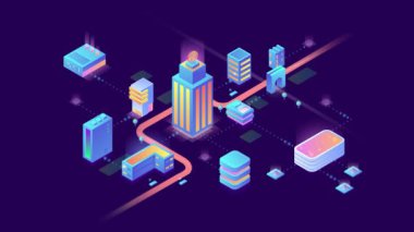 Smart Digital Sanal Şehir ve Akış Veri Merkezi Engelleme Teknolojisi Isometric tasarımı konsept 4k video animasyonu.