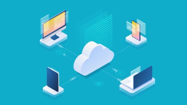 クラウドコンピューティング技術同期データコンセプトをホストします ノートパソコン デスクトップ スマートフォンの携帯電話 タブレットPcアイソメトリックフラット4Kビデオ — ストック動画