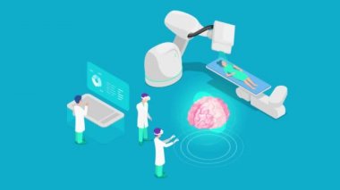 Sanal gerçeklikteki tıp. Doktor, X-ray makinesinde yatan hasta kadının beynini tarıyor. Isometric tasarımı animasyon konsepti 4k video.
