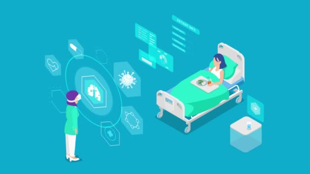 Medizin Virtual Reality Arzt Scannt Patientin Krankenhausbett Auf Coronavirus Scan — Stockvideo