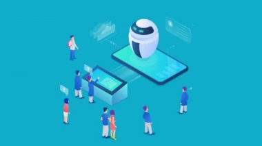 Robot sohbet botu müşterilerle konuşuyor Isometric konsept Yapay Zeka sinirsel ağ teknolojisi 4K video