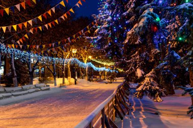 evening winter park with christmas decorations and festive illuminations