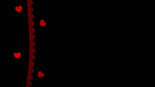 Disparo desde arriba sobre un fondo negro. Una cinta con corazones rojos y cuatro pequeños corazones rojos. Día de San Valentín. Mucho espacio libre. . — Foto de Stock