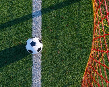 Shot from above on the ball behind the soccer goal line. Green grass, white line, colorful net of the football gate, sharp shadows. clipart