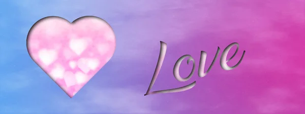 Card with cut out heart and cut out inscription "love". Underneath a pink background with hearts. — Stock Photo, Image