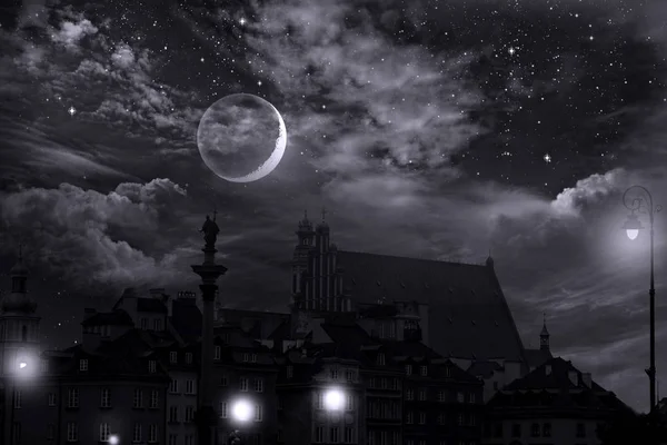 Fairyland Warsaw Old Town Stars Moon Cumulonimbus Night Sky — 스톡 사진