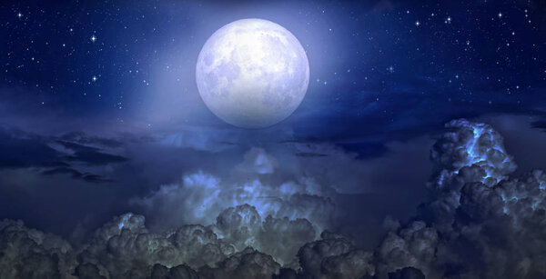 Full moon and stars in cumulus clouds