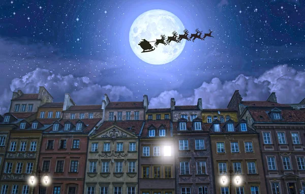 Christmas illustration, full moon, deer, santa, under old city of Warsaw