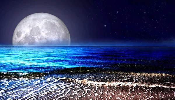 Full moon over the sea and starry sky