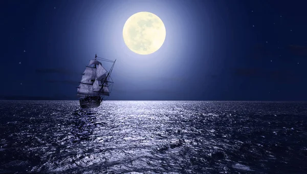 Einsames Segelboot Meer Vor Vollmond — Stockfoto