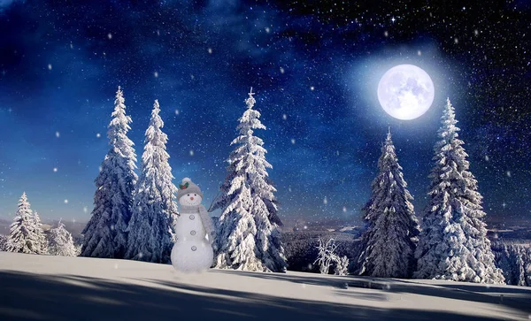 Fabuloso Paisaje Navideño Bosque Coníferas Muñeco Nieve Luna Llena — Foto de Stock
