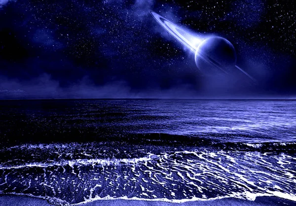 Зоряне Небо Підйом Планети Сатурн Усієї Океанської Фантастичної Планети — стокове фото