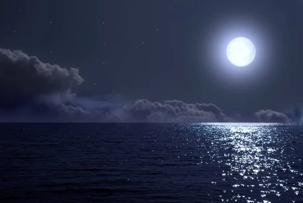 Pełnia Księżyca Nad Morzem Gwiaździste Niebo — Zdjęcie stockowe