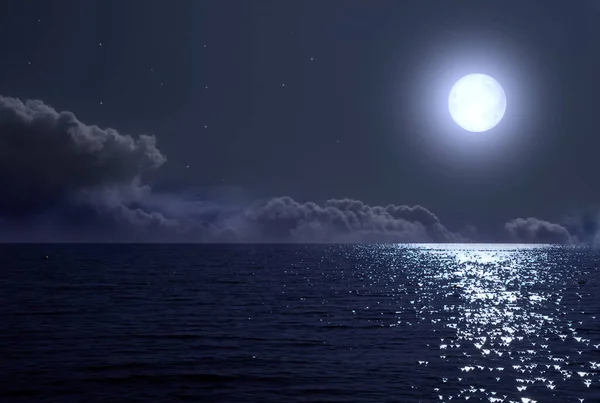 Full moon over the sea and starry sky