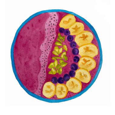 Yabanmersini Smoothie kasesi elle suluboya çizilmiş. Beyaz arkaplanda izole