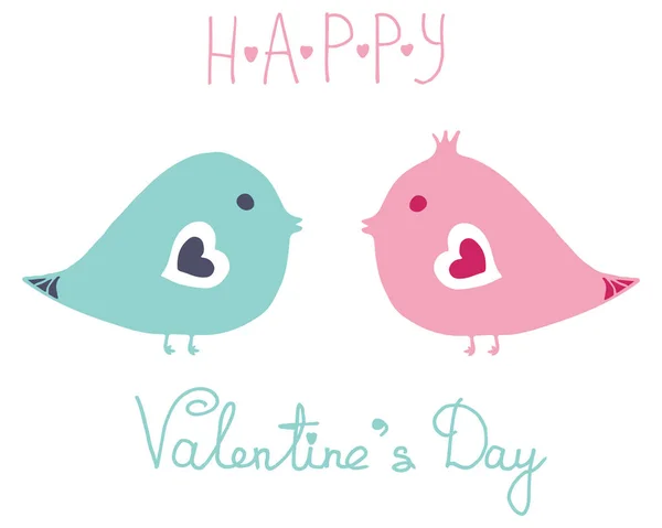 Cute Birds Love Blue Pink Colors Happy Valentines Day Sign — Stock Vector