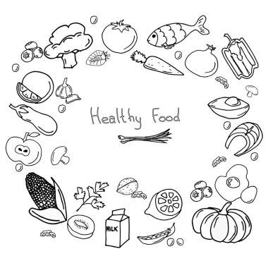 El çizimi, sağlıklı yiyecek seti. Beyaz arka planda izole edilmiş vektör. Brokoli, domates, çilek, balık, havuç, yabanmersini, avokado, nar, yumurta, balkabağı, limon.