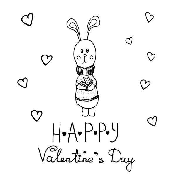 Hand drawn post card with bunny and sign "Happy Valentine's Day". Isolated vector on white background. Bunny with bouquet and a lot of hearts — Stock Vector