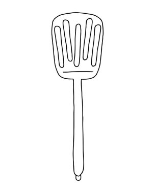 El yapımı spatula, slotlu çevirici. Mutfak eşyaları karalama tarzında. Vektör izole edildi. Özet
